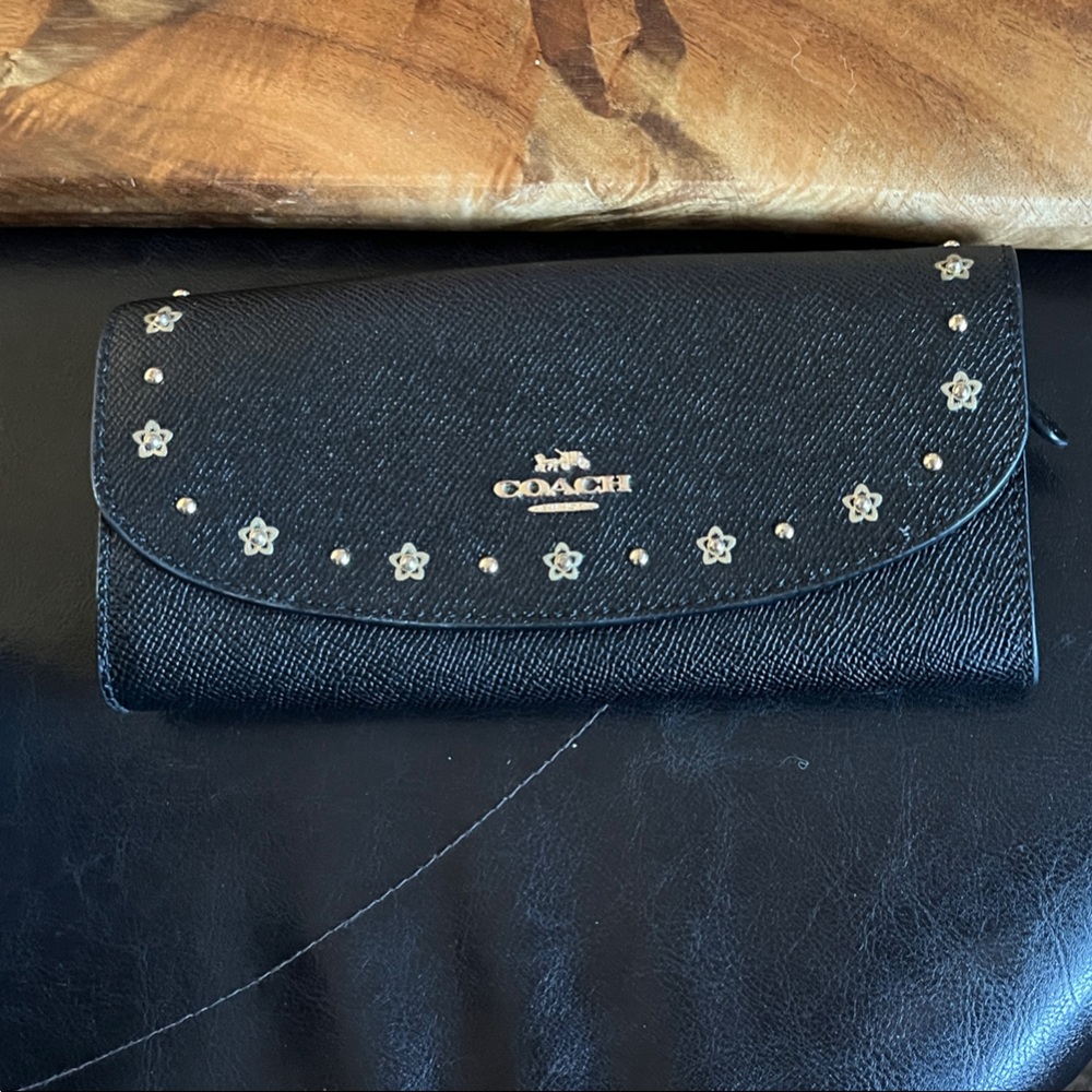 Coach Black Wallet with Gold Floral Accents